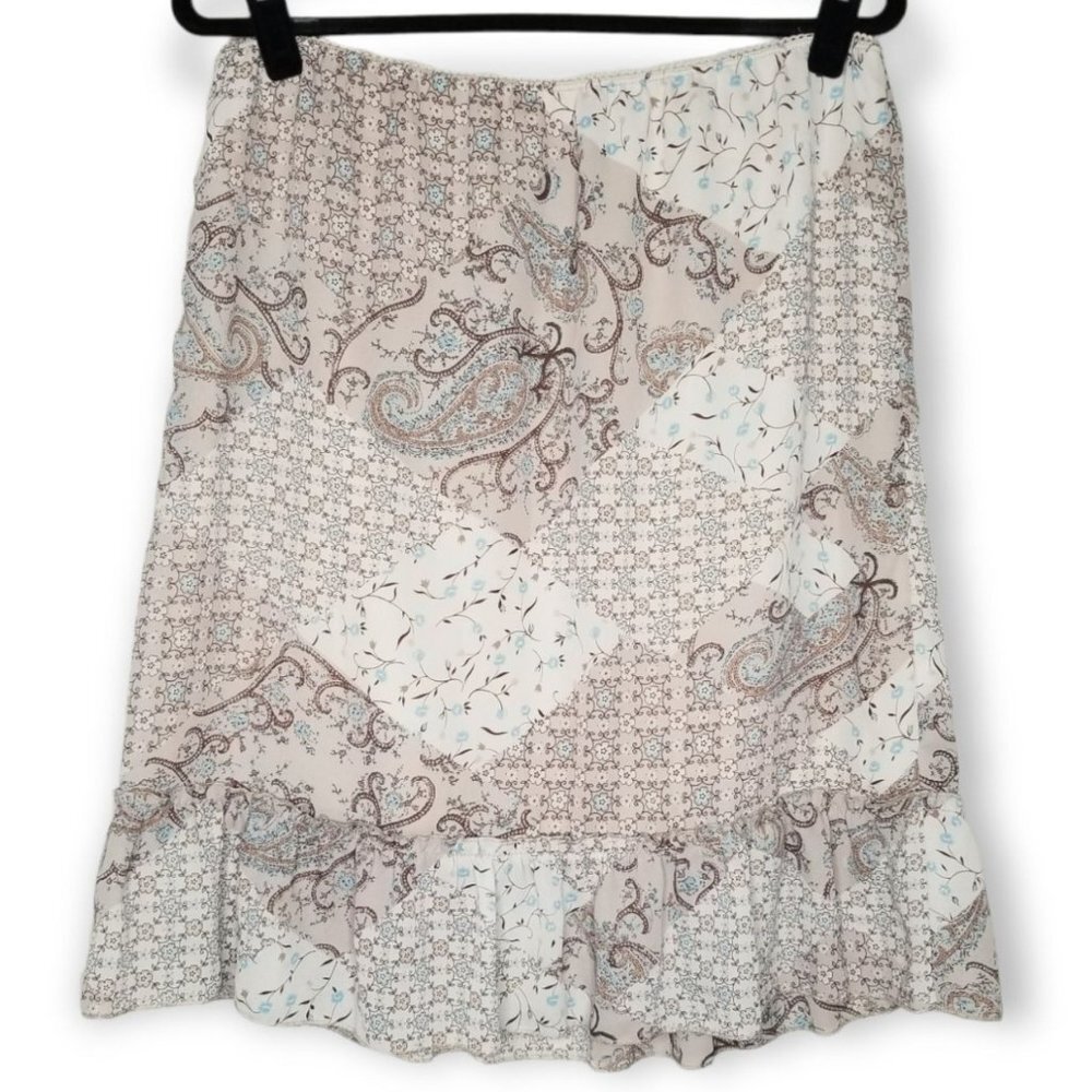 ⭐️Y2K Patchwork Paisley Floral Knee Length Skirt Ruffle Hem Boho Fairy Cottage